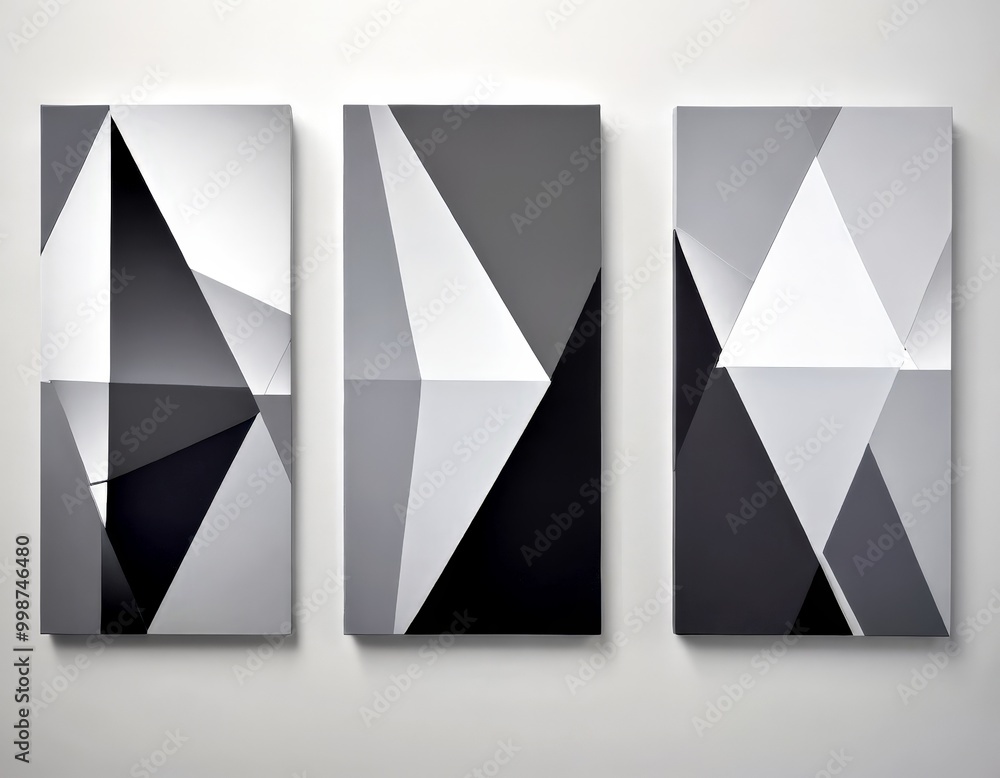 Poster Three abstract geometric artworks, each featuring a unique arrangement of triangles and rectangles in varying shades of gray and black, are displayed on a white wall