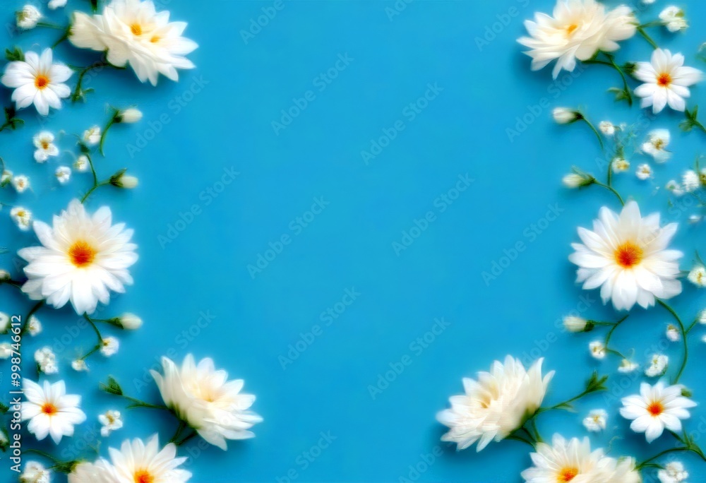 Poster A vibrant blue background with a floral arrangement of white daisies and small white flowers on the left and right sides, creating a symmetrical and balanced composition.
