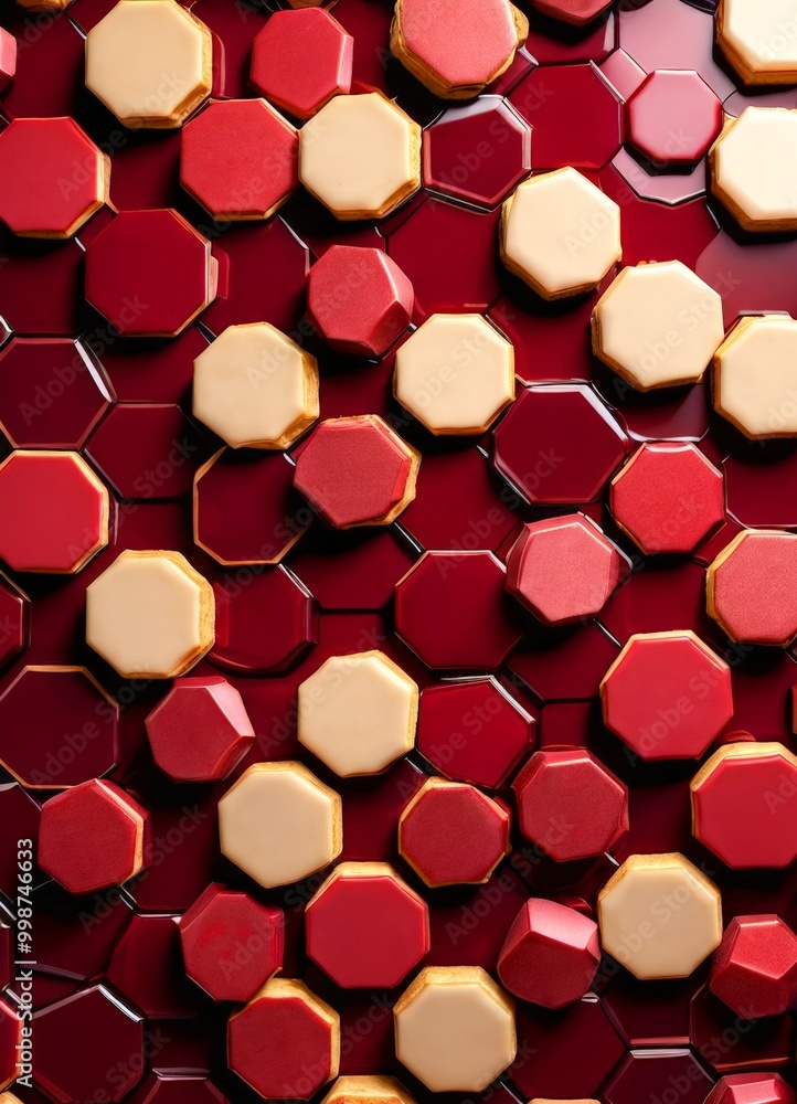 Poster A close-up view pattern of red and beige hexagonal tiles arranged in a grid-like fashion against a dark red background