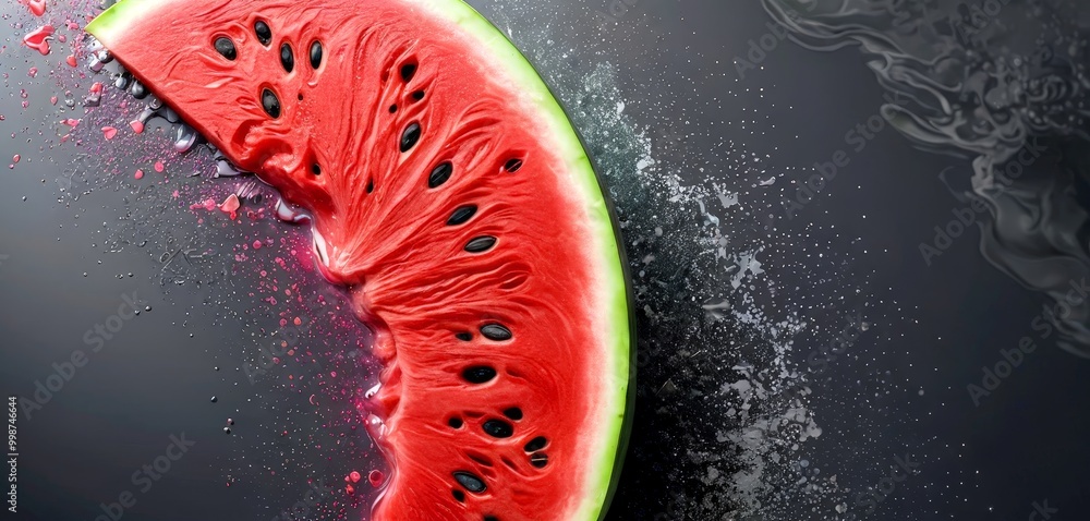 Poster A close-up view slice of watermelon with a dark background, featuring a splash of water droplets and a hint of pink
