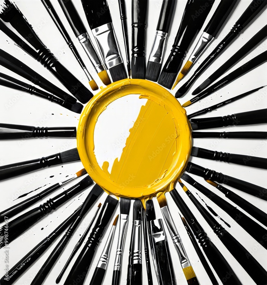 Fototapete A vibrant yellow paintbrush is surrounded by a black and white radial pattern of various paintbrushes, creating a striking visual effect