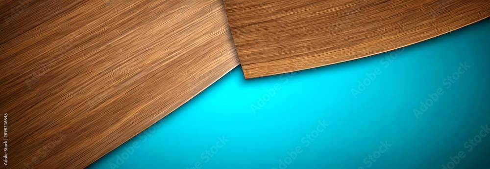 Poster a close-up view wooden surface with a distinct grain pattern, set against a contrasting blue backgro