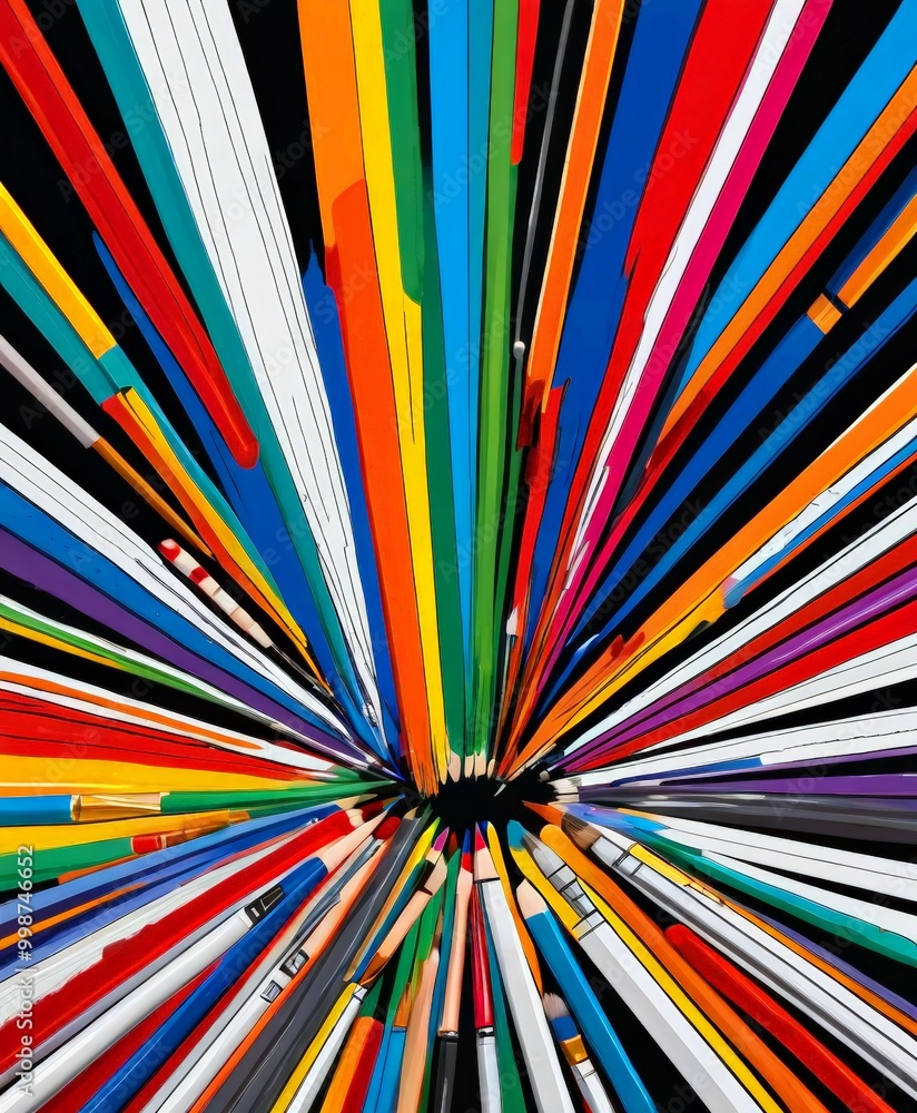 Poster a vibrant abstract composition featuring a radial explosion of multicolored pencils radiating outwar