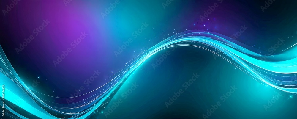 Poster a vibrant abstract background with a gradient of blue and purple hues, accented by white lines and small particles The lines curve and overlap, creating a sense of movement