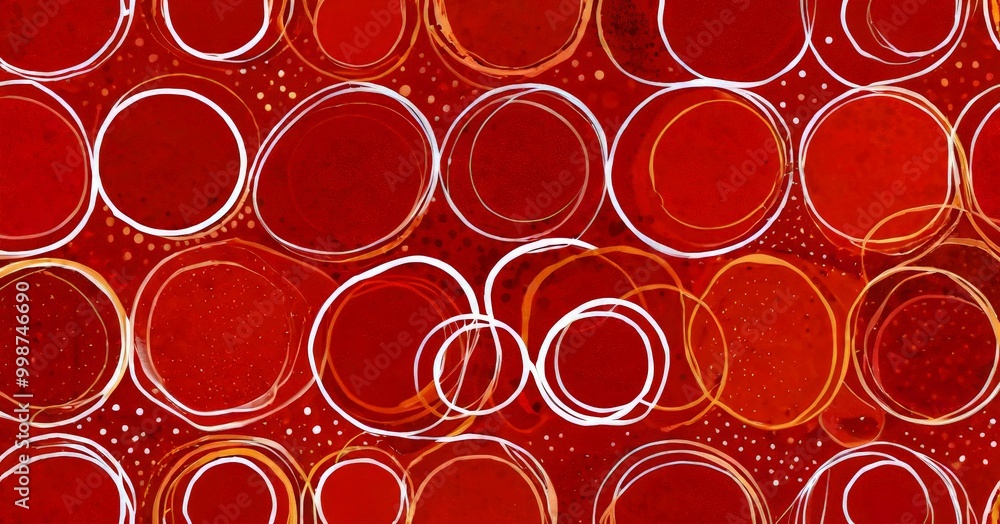 Poster a repeating pattern of red circles with white outlines, arranged in a grid-like layout against a red background with white polka dots
