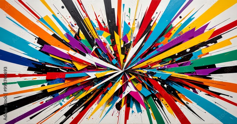 Aufkleber an abstract painting featuring a burst of colors and shapes, with a central point surrounded by radiating lines and splatters of various hues