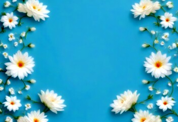 Fototapeta premium A vibrant blue background with a floral arrangement of white daisies and small white flowers on the left and right sides, creating a symmetrical and balanced composition.