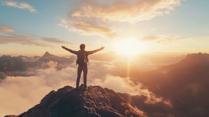 Fototapeta premium Person Taking Deep Breath on Mountain at Sunrise