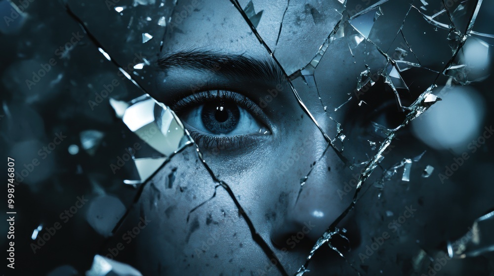 Poster distorted reflection in broken mirror