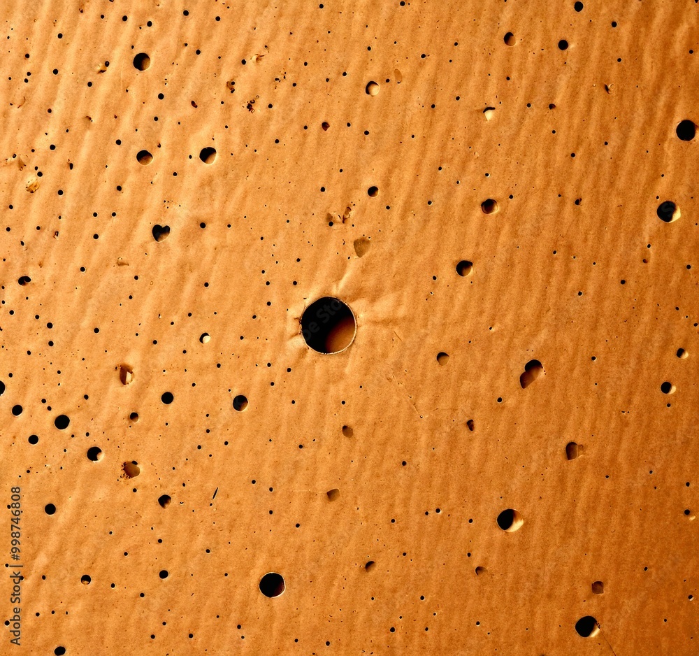 Fototapete A close-up view of a textured orange surface with numerous small holes scattered across it, creating a speckled pattern.