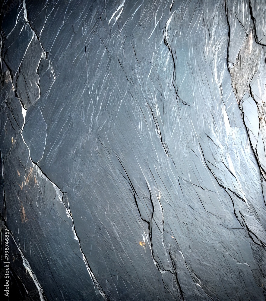 Poster a close-up view of a textured surface, possibly a stone or rock, with a dark gray color and a rough,