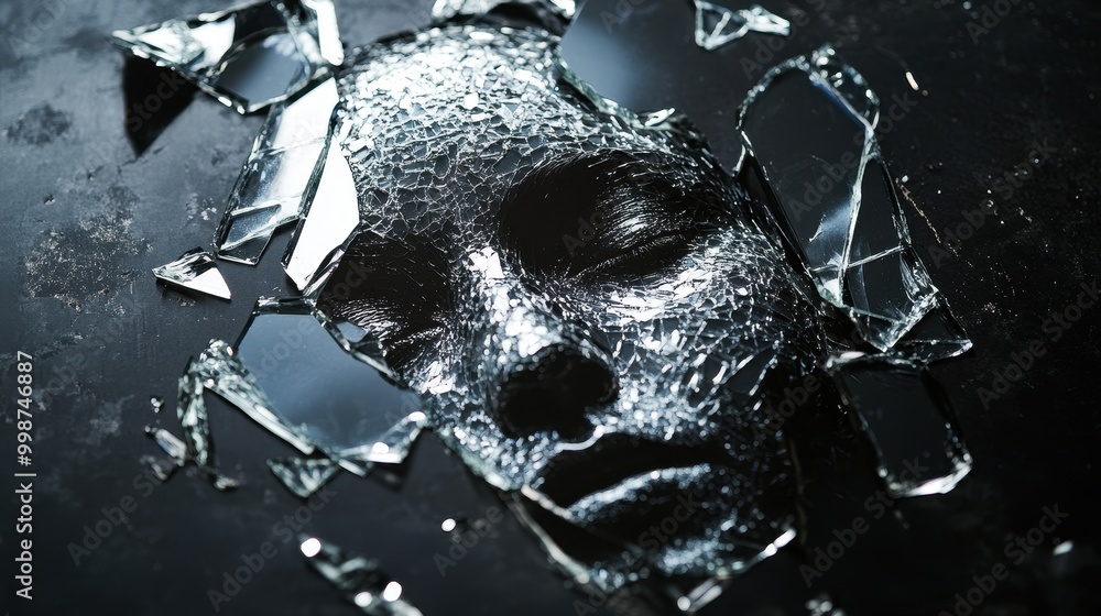 Poster distorted reflection in broken mirror fragment