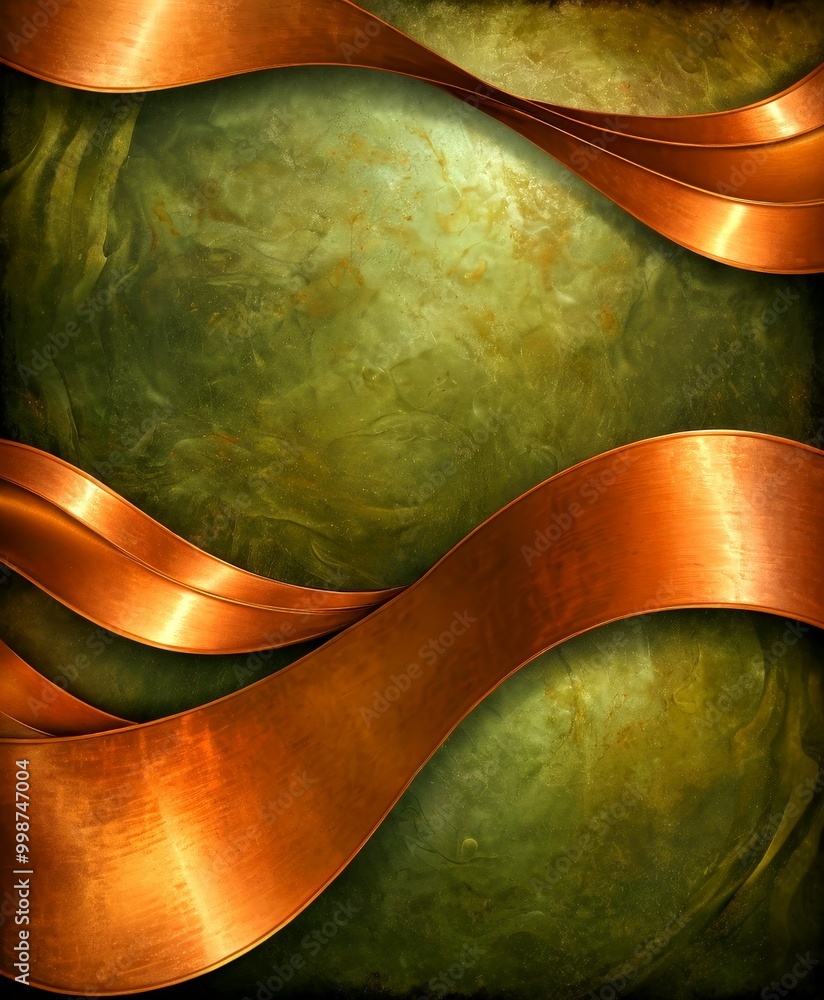 Poster a textured green background with a metallic ribbon in a warm orange hue, creating a striking contrast