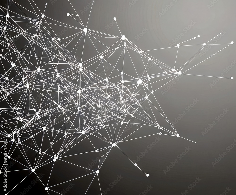 Poster a complex network of interconnected lines and dots, resembling a digital or technological abstract design The lines and dots are arranged in a way that