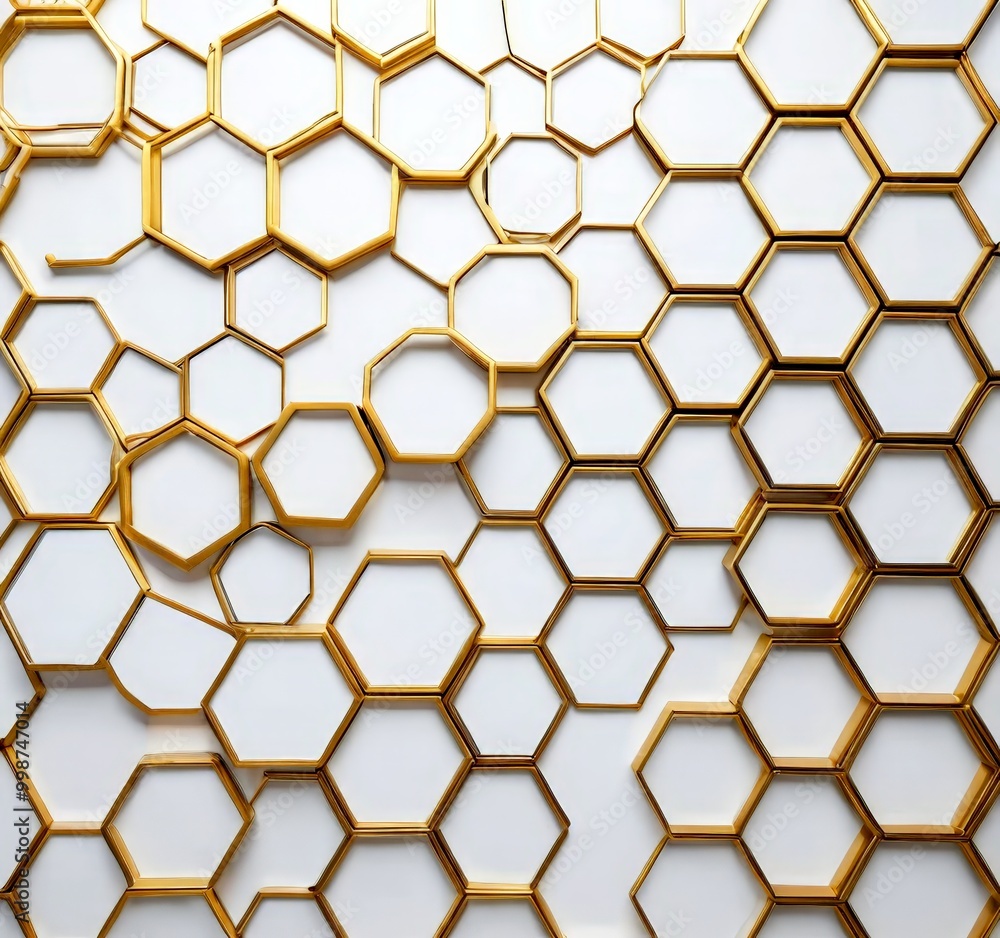 Poster a repeating pattern of golden hexagonal shapes on a white background, creating a visually striking and geometric design