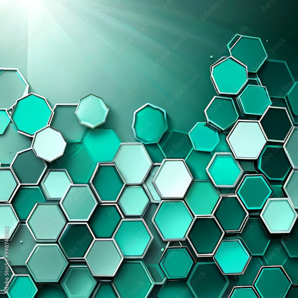 Poster a repeating pattern of hexagonal shapes in shades of green and white, creating a visually striking and abstract design