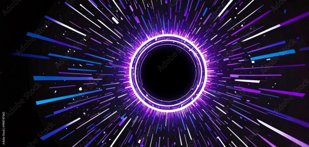 Poster a circular burst of light radiating outward from a central point, surrounded by a multitude of lines and dots in various shades of purple, blue, and white