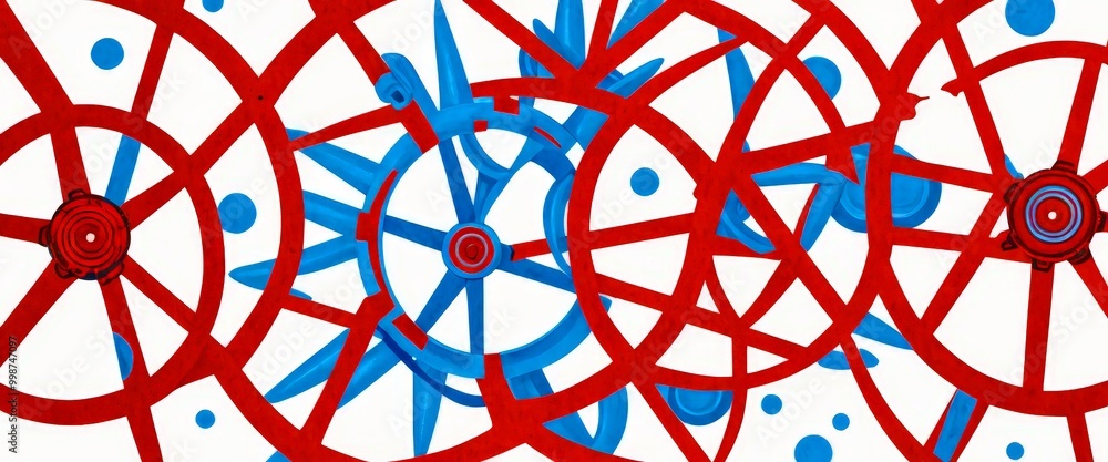 Poster a vibrant abstract composition of overlapping red and blue circles and lines, creating a dynamic and visually striking pattern