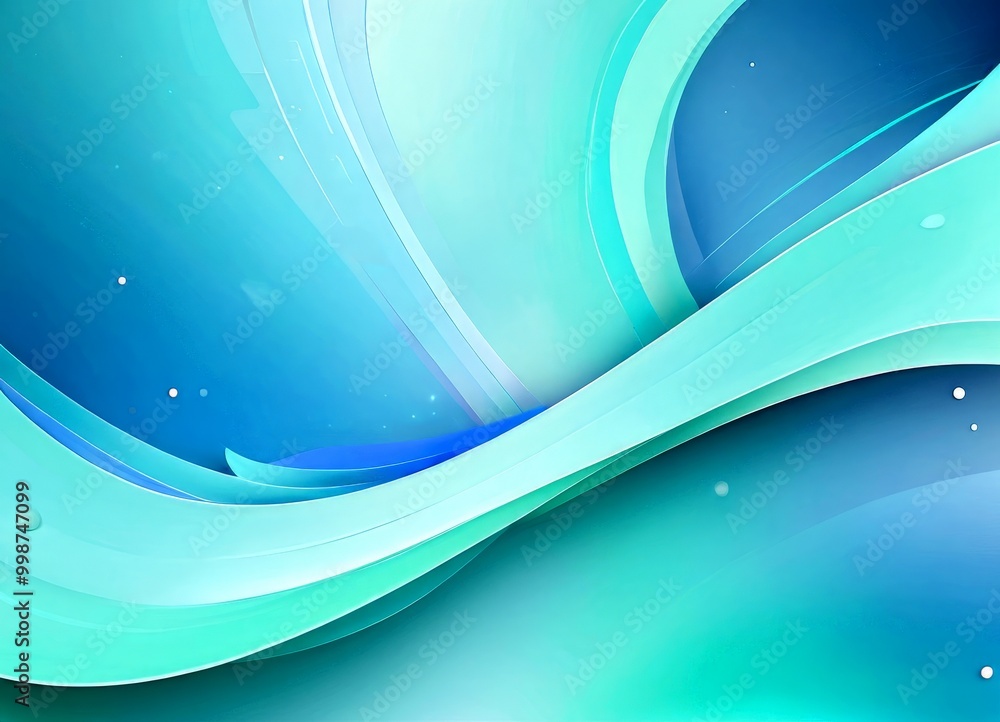 Poster a vibrant abstract composition of blue and green hues, with a wave-like pattern and small white dots