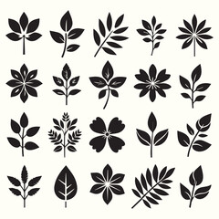 Seamless vector pattern with black and white floral silhouettes, leaves, and botanical elements for a vintage nature-inspired design