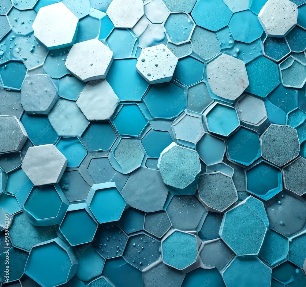 Poster a close-up view of a mosaic composed of various shades of blue hexagonal tiles, creating a visually striking pattern.