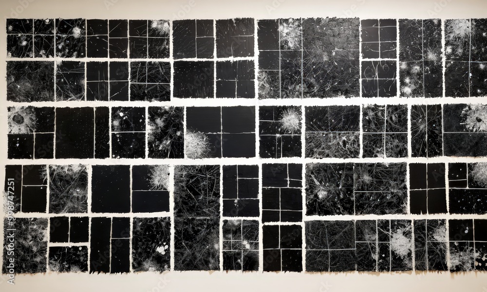 Aufkleber a large, abstract art piece composed of numerous black and white square tiles arranged in a grid-like pattern The tiles are slightly overlapping, creating a sense of depth