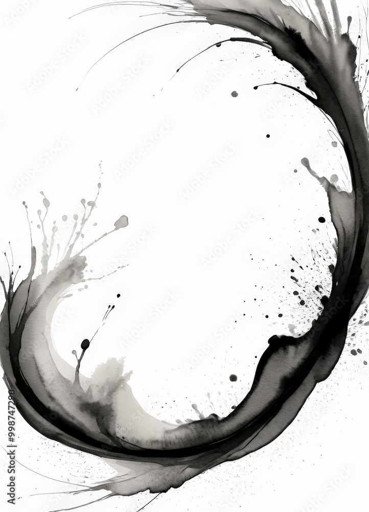 Poster Abstract black and white composition featuring a curved, fluid line and splashes of ink against a white background.