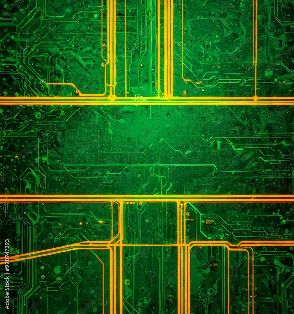 Aufkleber a detailed view circuit board, with a complex network of interconnected lines and traces The dominant color scheme is a blend of green and yellow,