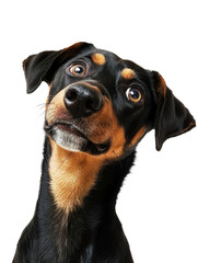 Obraz premium A cute dog with a silly face, tilting its head, photorealistic isolated on white background PNG