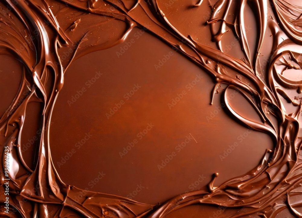 Poster A close-up view chocolate surface with a dark brown, glossy texture, featuring a central blank space surrounded by intricate, swirling patterns