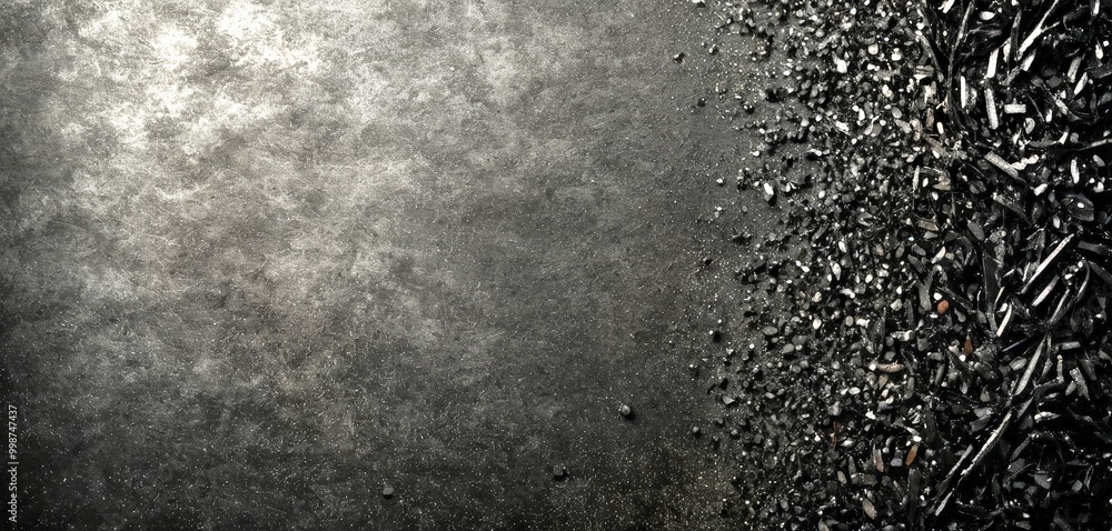 Poster a dark, textured surface with a scattering of small, irregularly shaped black objects on the right side, creating a sense of contrast and depth