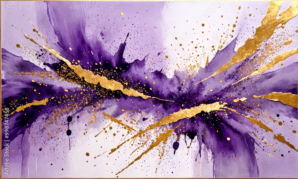 Poster an abstract painting featuring a purple background with gold splashes and splotches, creating a dynamic and energetic composition