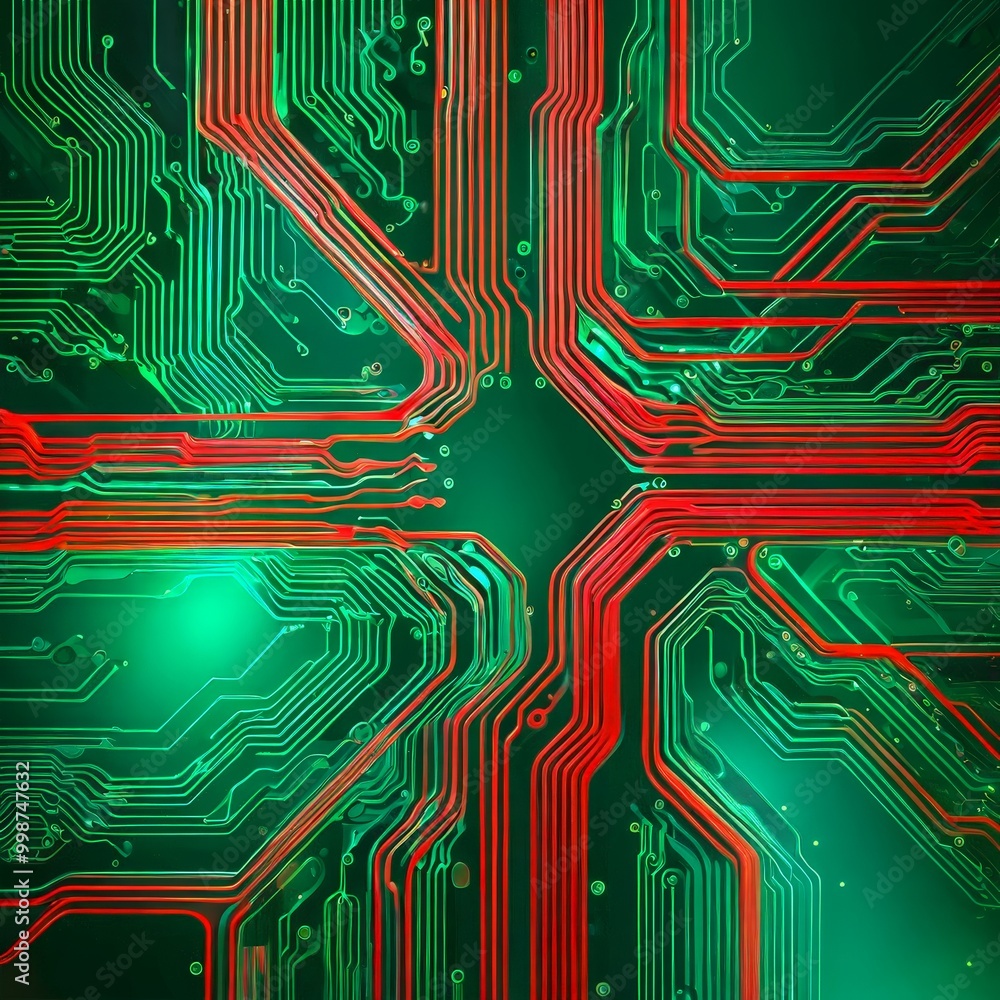 Poster a complex circuit board with a vibrant array of red and green lines and traces, creating a visually striking pattern