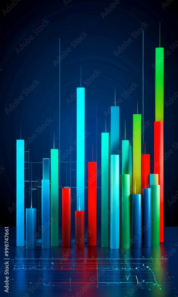Poster a collection of colorful vertical bars, each varying in height, arranged in a grid-like pattern agai