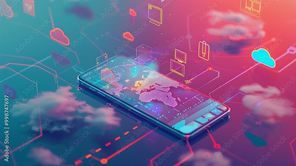 Poster smartphone with application icons flying over the screen. 3d rendering