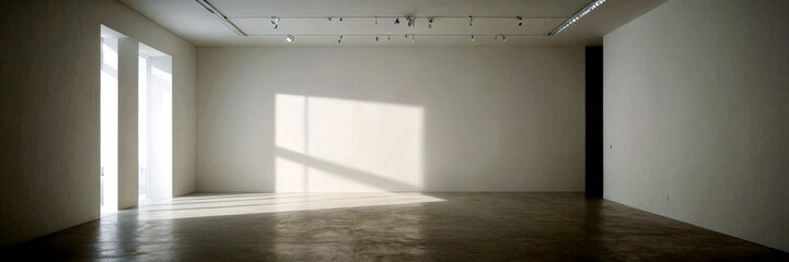 Fototapeta premium a spacious, minimalist room with a concrete floor, white walls, and a track lighting system. The room is illuminated by natural light streaming in through two windows on the