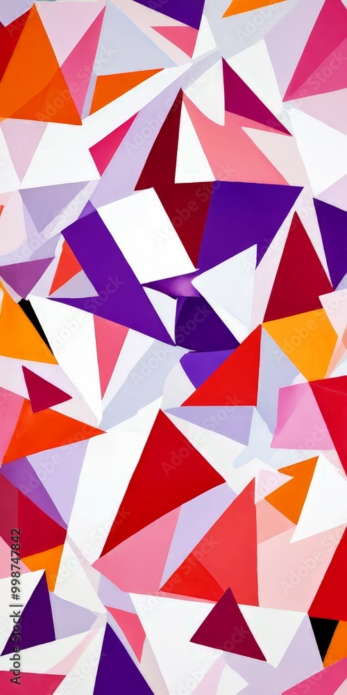 Poster a vibrant abstract composition featuring a variety of overlapping triangles in different colors, including red, orange, purple, and white, creating a dynamic