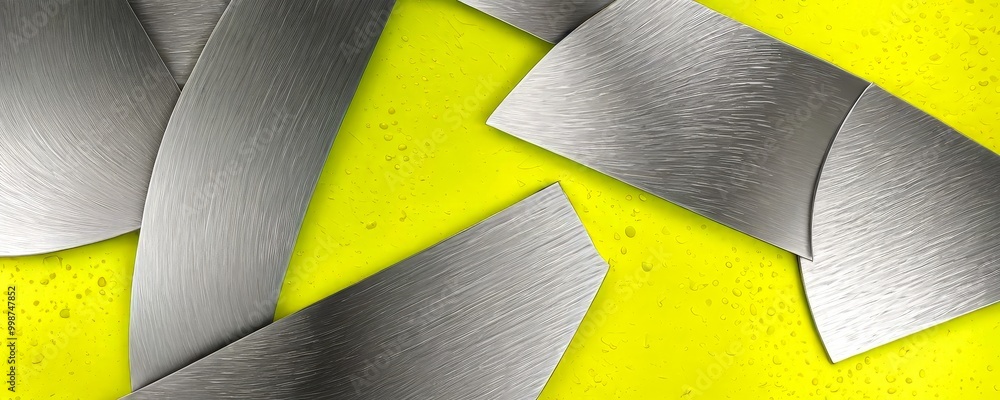 Poster a close-up view collection of metallic blades or blades arranged in a diagonal pattern against a yellow background