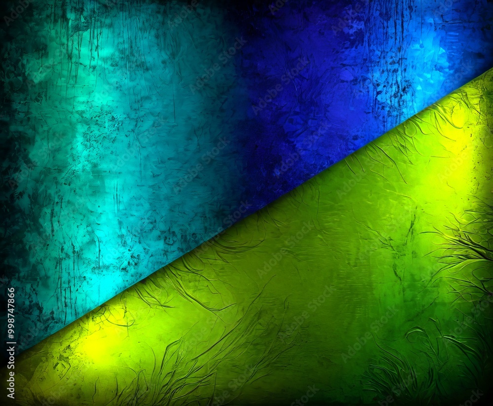 Poster a vibrant abstract composition with a diagonal line dividing the space into two distinct sections, one in blue and the other in green The blue section has a textured,