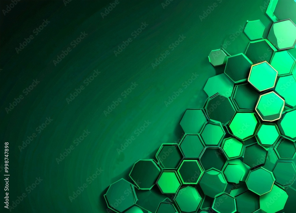 Poster a dark green background with a repeating pattern of hexagonal shapes in varying shades of green, creating a visually striking and abstract composition