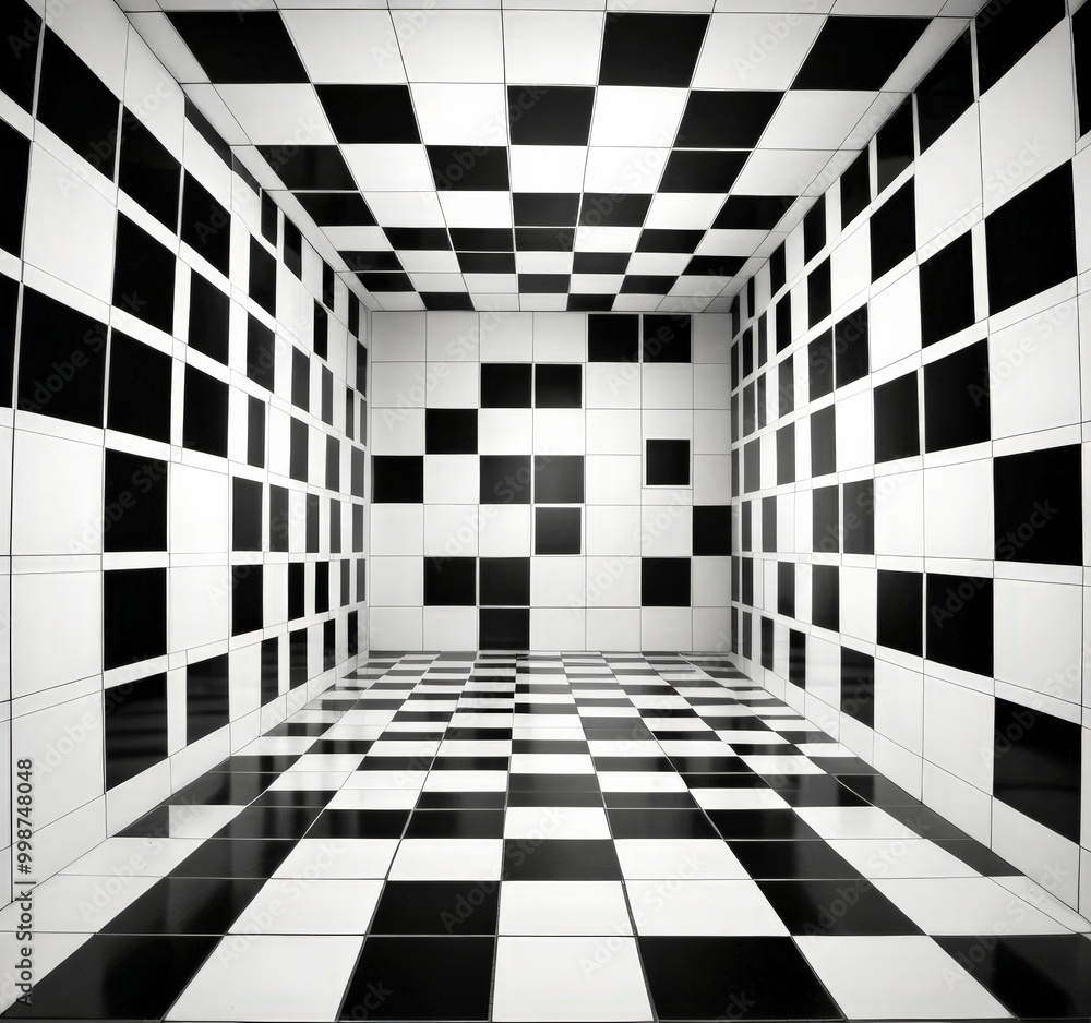 Poster A black and white checkered room with a reflective floor and a ceiling with a grid pattern