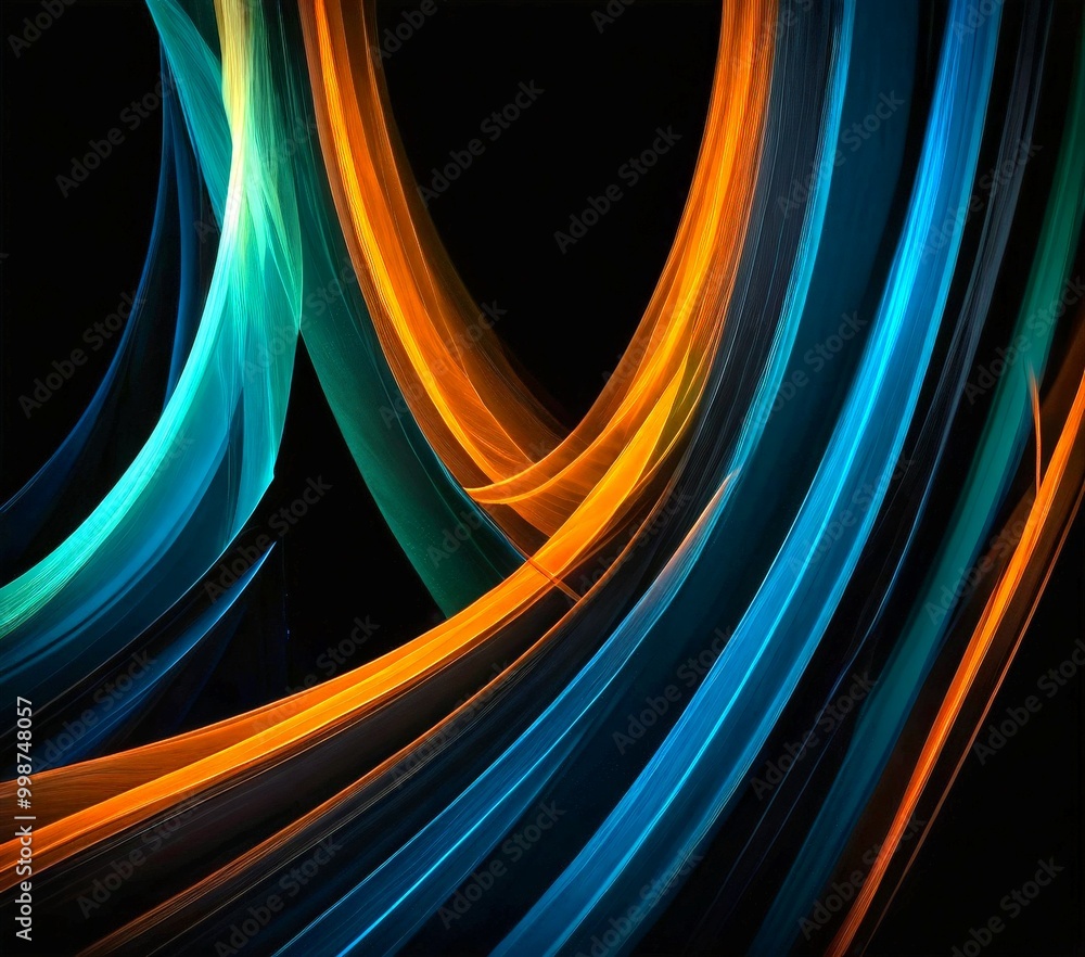 Poster a dynamic abstract composition of curved lines in various shades of blue, orange, and green, creatin