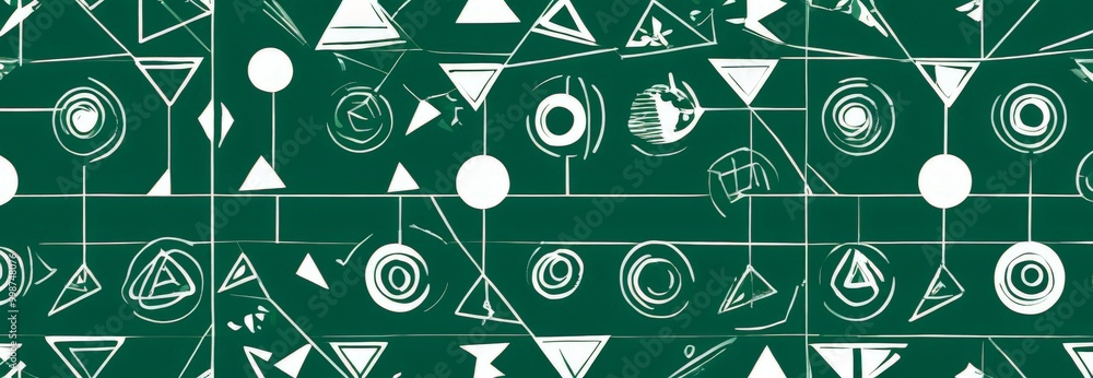 Poster a repeating pattern of geometric shapes and lines in shades of green and white, creating a visually striking and abstract design