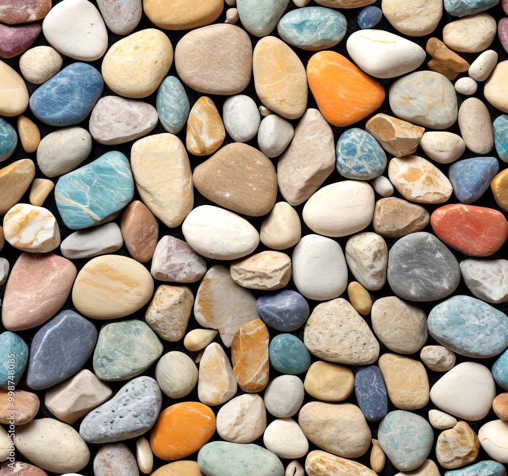 Poster a close-up variety of colorful pebbles and stones, arranged in a random pattern against a black back