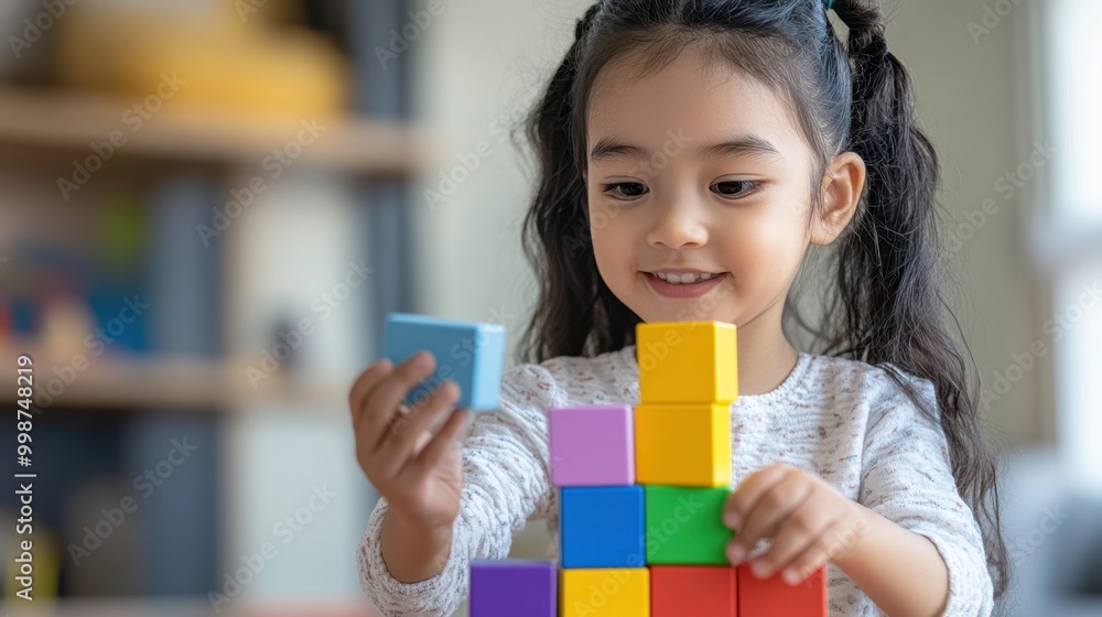 Poster joyful child building colorful tower with blocks