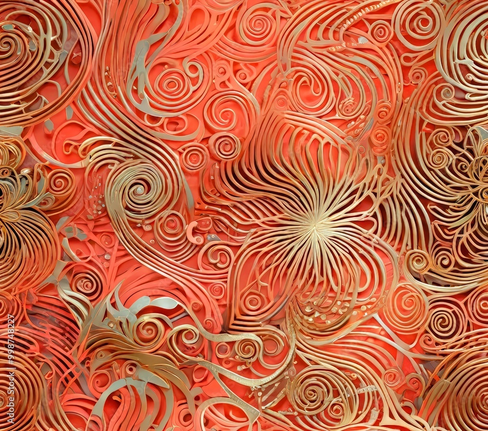 Poster a repeating pattern of intricate, swirling designs in shades of orange and gold, creating a visually striking and dynamic composition