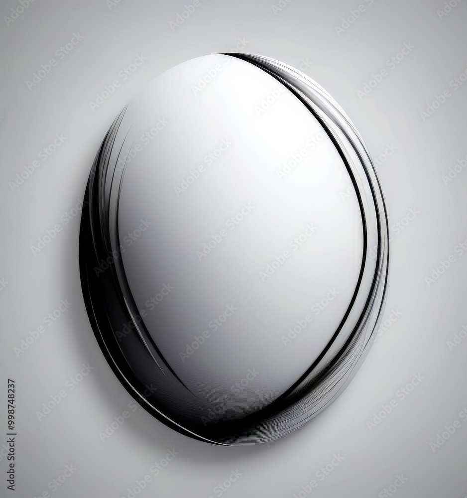 Poster a minimalist black and white composition of a white oval shape with a curved black line running thro