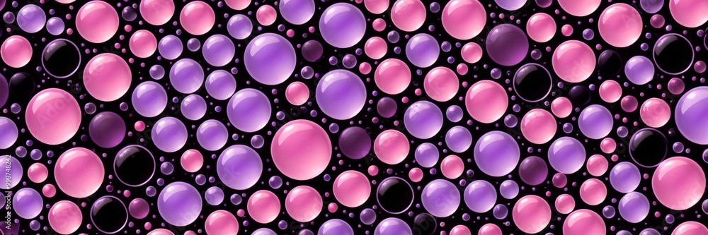 Poster A repeating pattern of pink and purple bubbles against a black background.