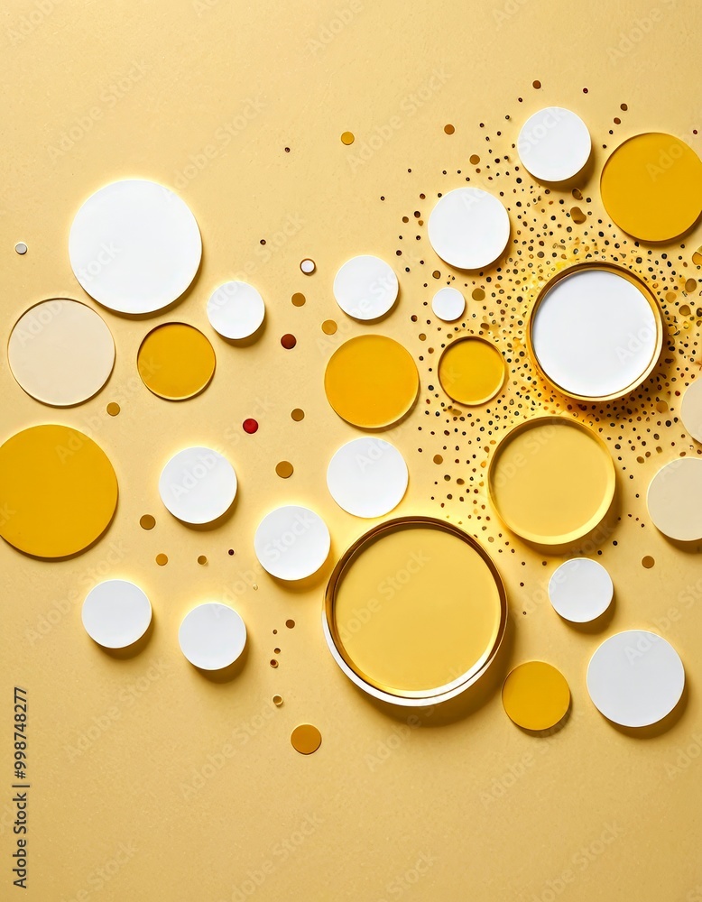 Leinwandbilder a collection of white and yellow circles arranged in a scattered pattern on a beige background, with