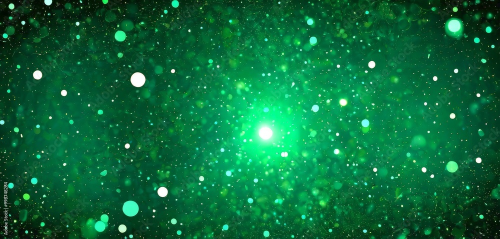 Poster a vibrant, abstract scene of green and white particles, resembling a cosmic explosion or a starry ni